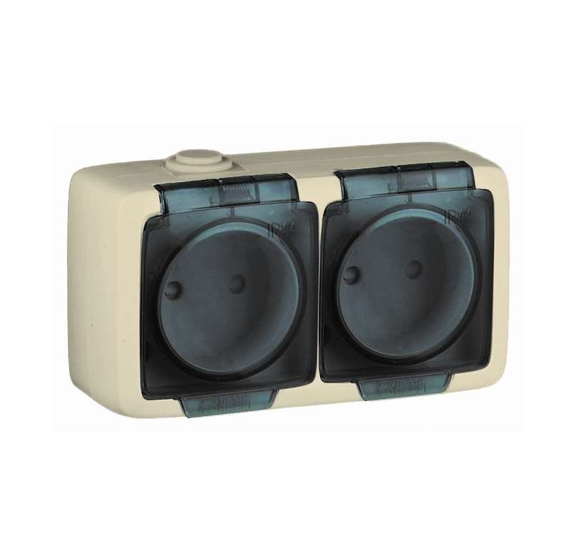 Розетка 2-м ОП Альфа 16А IP44 250В без заземл. защ. шторки с крышкой сл. кость HEGEL РА16-242-01