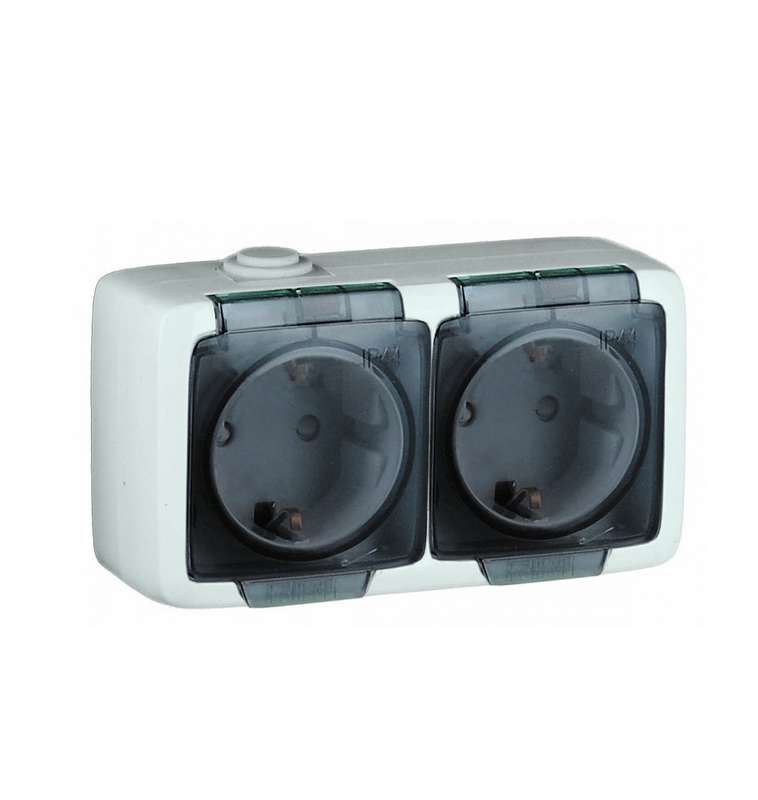 Розетка 2-м ОП Альфа 16А IP44 250В брызгозащ. с заземл. без защ шторок с крышкой бел. HEGEL РА16-251