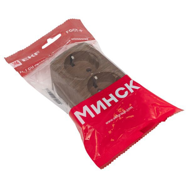 Розетка 2-м ОП Минск 16А IP20 с заземл. темн. дерево EKF EGR16-128-40