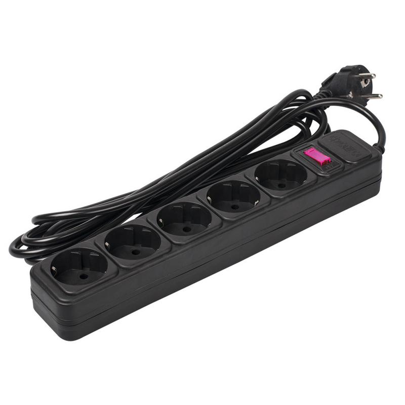 Удлинитель с сетевым фильтром 5х3м с заземл. 10А IP20 FOP-05GS-300 2.2кВт ПВС 3х0.75 с выкл. черн. ФАZА 5007642