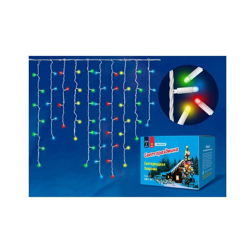 Гирлянда "Бахрома" светодиодная ULD-B3010-200/TWK MULTI IP67 с эффектом мерцания 3м соединяемая 200 светодиодов свет разноцветный провод бел. Uniel UL-00002272