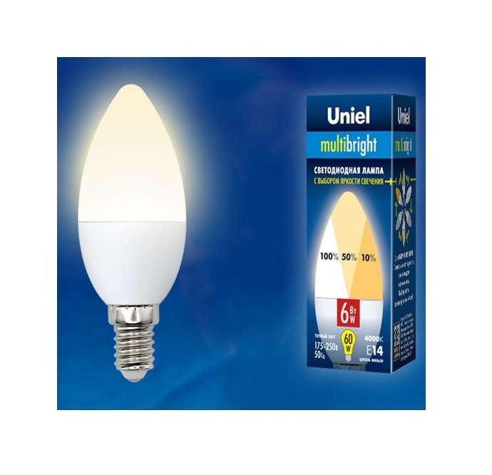 Лампа светодиодная LED-C37-6W/WW/E14/FR/MB PLM11WH Multibright 6Вт свеча матовая 3000К тепл. бел. E14 100-50-10 (упак. картон) Uniel UL-00002373