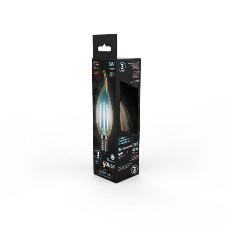 Лампа светодиодная филаментная Black Filament 5Вт свеча на ветру золотая 4100К нейтр. бел. E14 420лм GAUSS 104801805