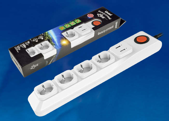 Удлинитель с сетевым фильтром 4х3м с заземл. 10А Lux SGSL5-3U WHITE 1хUSB 1А ПВС 3х0.75 защита от перенапряж. короткого замыкания Uniel UL-00001759