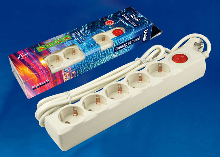 Удлинитель с сетевым фильтром 5х5м с заземл. 10А Universal SGSU5-5 IVORY ПВС 3х0.75 защита от перенапряж. короткого замыкания Uniel UL-00001748