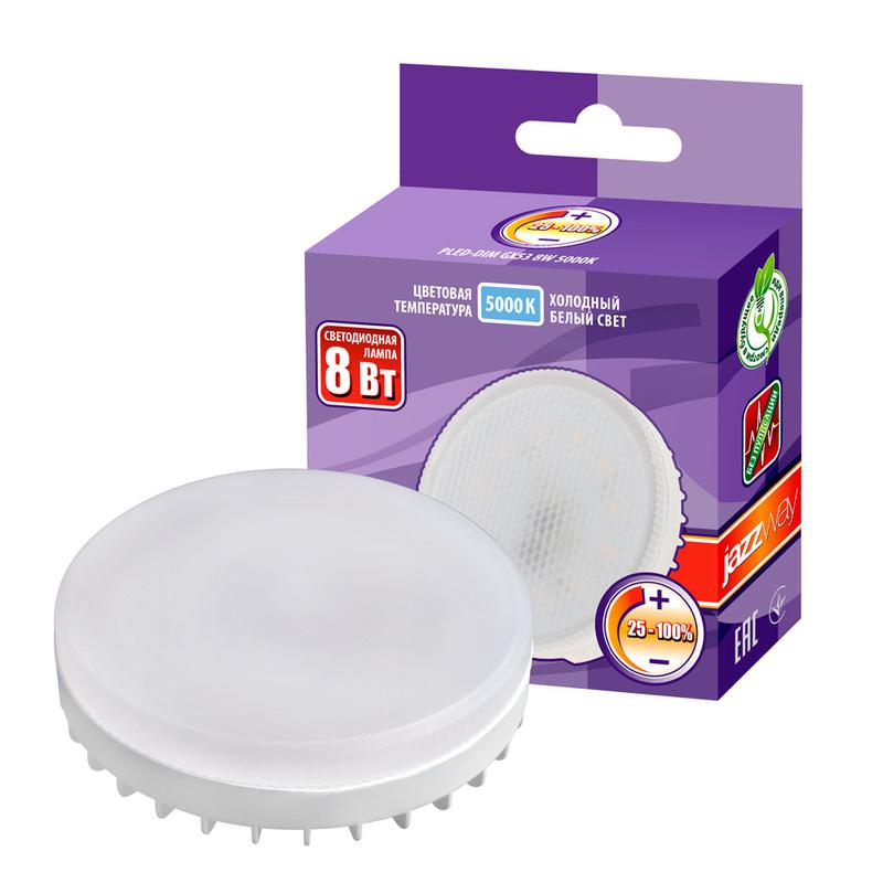 Лампа светодиодная PLED-DIM 8Вт таблетка 5000К холод. бел. GX53 640лм 230В/50Гц диммир. JazzWay 5011281