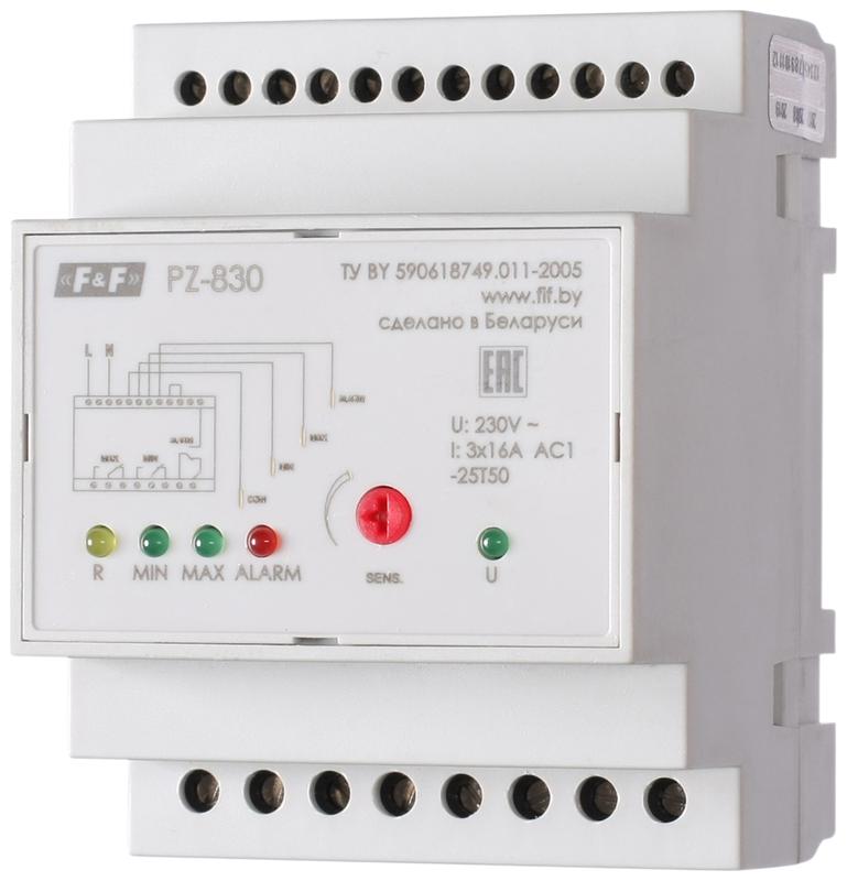 Реле уровня жидкости PZ-830 (без датчиков; трехуровн.; контроль аварийного уровня; 4 модуля; монтаж на DIN-рейке) F&F EA08.001.010