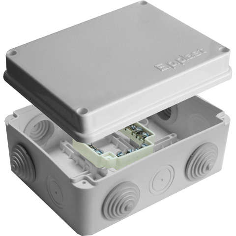 Коробка распределительная ОП 150х110х70мм IP54 с клемм. 10 выходов 6 гермовводов 16А 24 контакта крышка на винтах сер. Epplast 210306