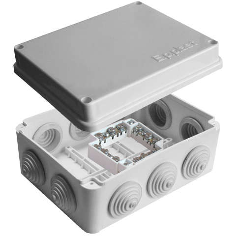 Коробка распределительная ОП 150х110х70мм IP54 с клемм. 10 выходов 10 гермовводов 16А 24 контакта крышка на винтах сер. Epplast 210318