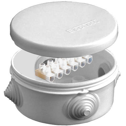 Коробка распределительная ОП d90х45мм IP54 с клемм. 4 выхода 4 гермоввода 10А 6 контактов крышка защелкивающаяся бел. Epplast 140144