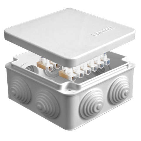 Коробка распределительная ОП 105х105х56мм IP54 с клемм. 7 выходов 4 гермоввода 10А 12 контактов крышка защелкивающаяся сер. Epplast 100014