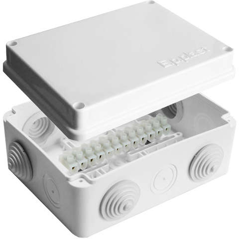 Коробка распределительная ОП 150х110х70мм IP54 с клемм. 10 выходов 6 гермовводов 10А 12 контактов крышка на винтах бел. Epplast 210303