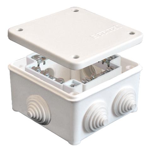Коробка распределительная ОП 85х85х45мм IP54 с клемм. 7 выходов 3 гермоввода 16А 24 контакта крышка на винтах бел. Epplast 130123