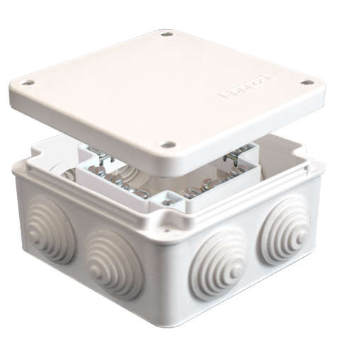 Коробка распределительная ОП 105х105х56мм IP54 с клемм. 7 выходов 4 гермоввода 16А 24 контакта. крышка на винтах бел. Epplast 110057