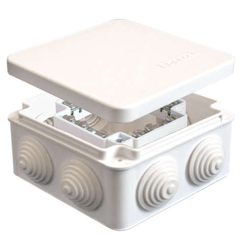 Коробка распределительная ОП 105х105х56мм IP54 с клемм. 7 выходов 4 гермоввода 16А 24 контакта крышка защелкивающаяся бел. Epplast 100027