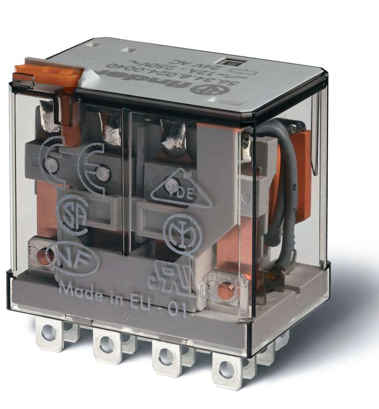 Реле миниатюрное силовое электромеханич. монтаж в розетку или наконечники Faston (4.8х0.5мм) 4CO 12А AgNi 230В AC RTI опции: кнопка тест + LED FINDER 563482300050