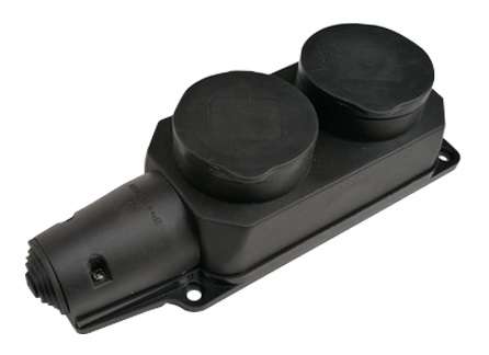 Колодка 2-м 16А IP44 с заземл. с защ. крышками каучук черн. IN HOME 4690612010274