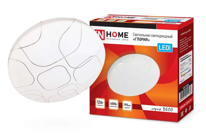 Светильник светодиодный DECO ГЛОРИЯ 12Вт 4000К 780лм 230В 190мм IN HOME 4690612021980