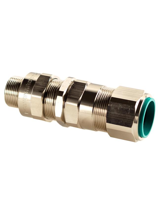 Ввод кабельный взрывозащ. М25х1.5 с уплотнением для бронир. силового кабеля d внутр. 11.1-19.9мм d наружн. 18.2-26.2мм М25х1.5 6g 1ExdIIC Gb X / 1ExeIIC Gb X IP66/67/68 и гайкой латунь Extherm 25AK 05