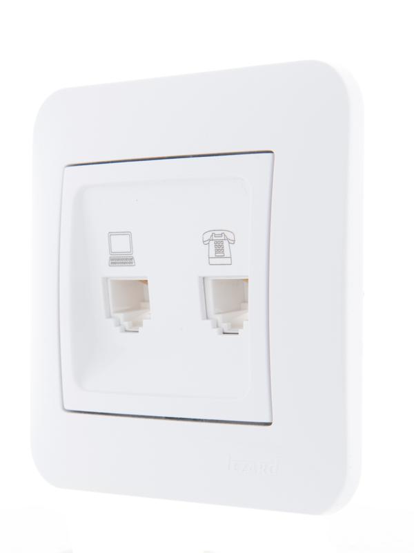 Розетка компьютерная + телефонная 2-м СП Karina RJ45 + RJ11 механизм бел. LEZARD 707-0288-143