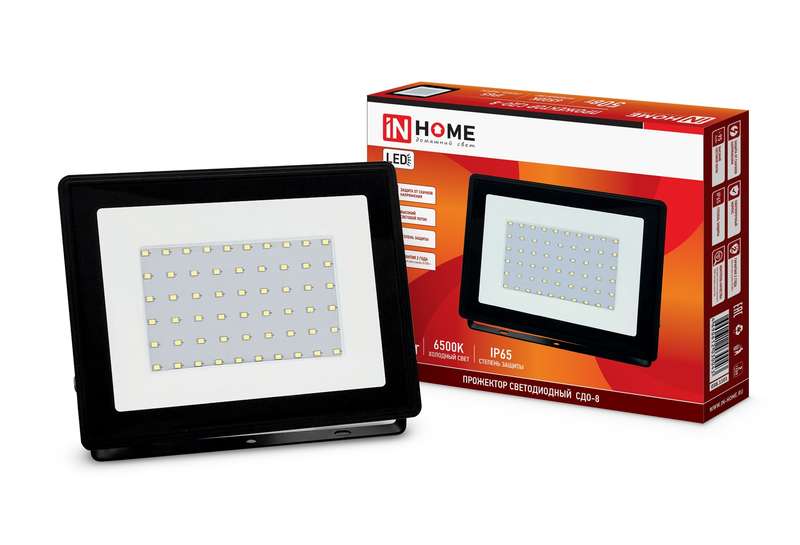 Прожектор светодиодный СДО-8 50Вт 6500К IP65 4750лм 230В черн. IN HOME 4690612030043