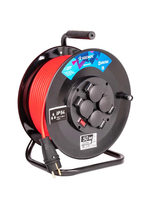 Удлинитель на катушке 4х50м с заземл. 16А IP54 4кВт ПВС 3х2.5 термозащ. КОСМОС YKKsm50m-4g-Z(2.5)IP