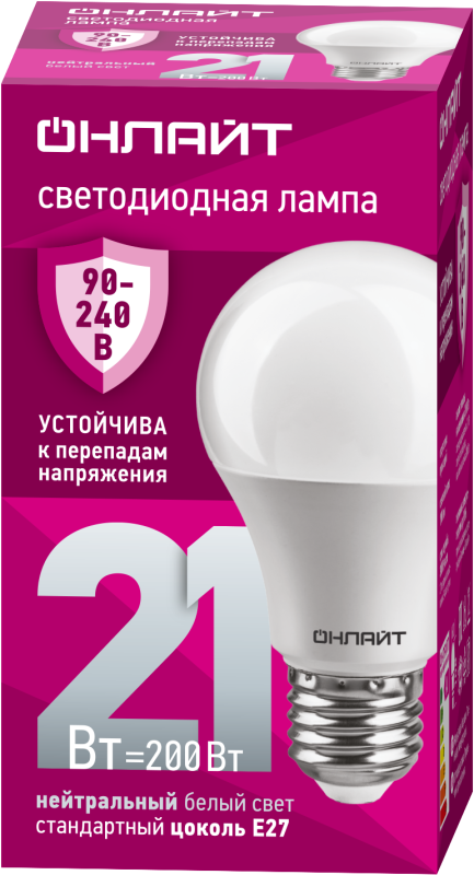 Лампа светодиодная 90 405 OLL-A60-21-230-4K-E27 21Вт грушевидная 4000К E27 90-240В PRO ОНЛАЙТ 90405