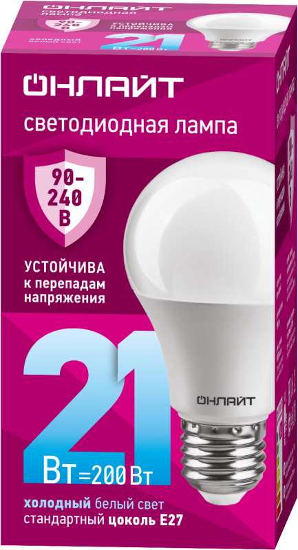Лампа светодиодная 90 406 OLL-A60-21-230-6.5K-E27 21Вт грушевидная 6500К E27 90-240В PRO ОНЛАЙТ 90406