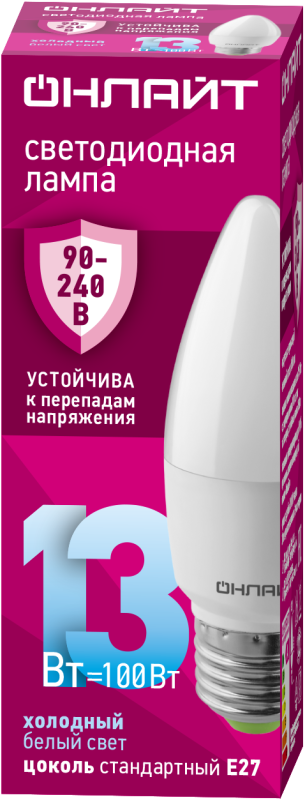 Лампа светодиодная 90 418 OLL-C37-13-230-6.5K-E27-FR 13Вт свеча 6500К E27 90-240В PRO ОНЛАЙТ 90418