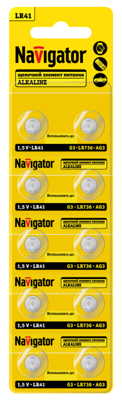 Элемент питания алкалиновый "таблетка" 95 661 NBT-04 (LR41 AG3 LR736 BP10) (блист.10шт) Navigator 95661
