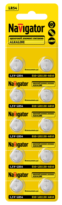 Элемент питания алкалиновый "таблетка" 95 671 NBT-14 (LR54 AG10 LR1130 BP10) (блист.10шт) Navigator 95671