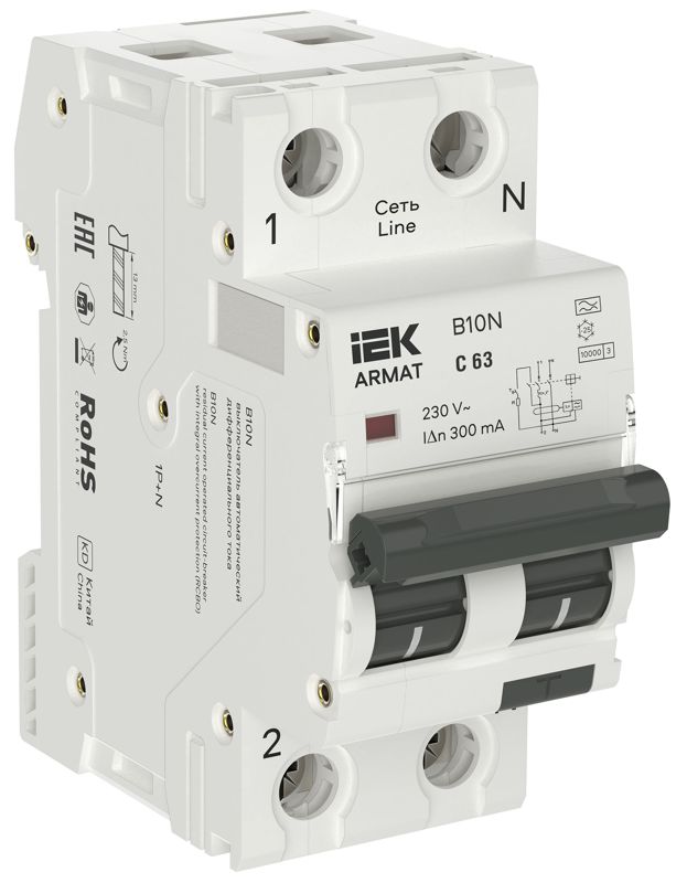 Выключатель автоматический дифференциального тока 2п (1P+NP) C 63 300мА тип A АВДТ B10N 36мм ARMAT IEK AR-B10N-1N-C063A300