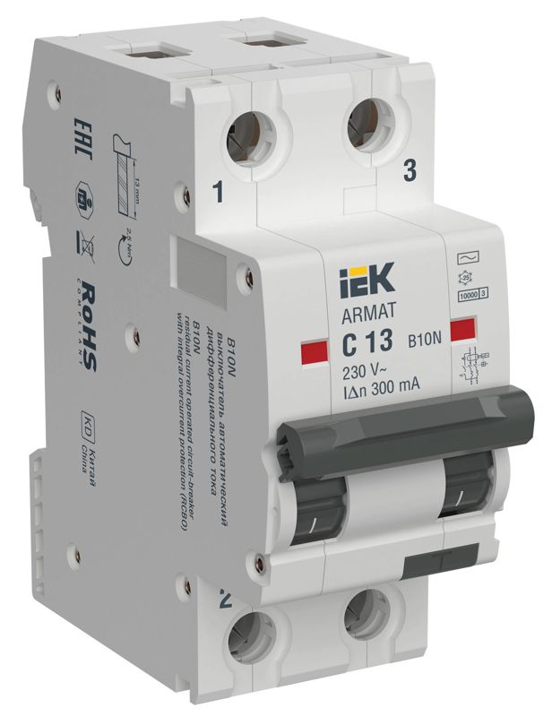 Выключатель автоматический дифференциального тока 2п C 13А 300мА тип AC АВДТ B10N ARMAT IEK AR-B10N-2-C013C300