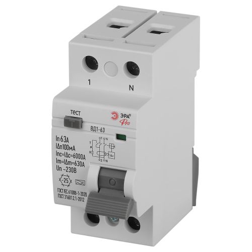 Выключатель дифференциального тока (УЗО) 2п 63А 100мА тип А ВД1-63 PRO электромеханич. VD2EM63A100 Эра Б0061774