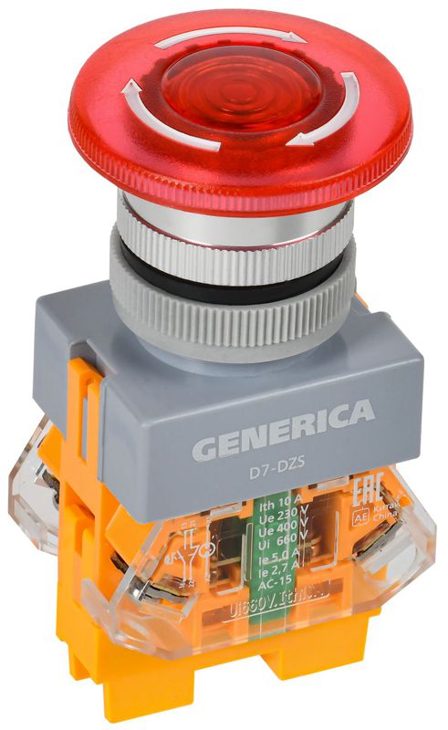 Кнопка D7-DZS "Грибок" d22мм 1НО+1НЗ поворотн. с подсветкой и фиксацией красн. GENERICA BBG50-11DZS-3-11-K04-G