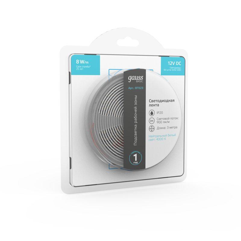 Лента светодиодная Basic 5050/60-SMD 8Вт/м 4000К нейтр. бел. IP20 900лм/м 12В 10мм (уп.3м) GAUSS BT023
