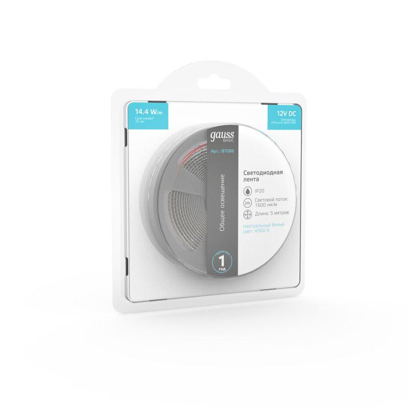 Лента светодиодная Basic 2835/240-SMD 14.4Вт/м 4000К нейтр. бел. IP20 1600лм/м 12В 10мм (уп.5м) GAUSS BT086