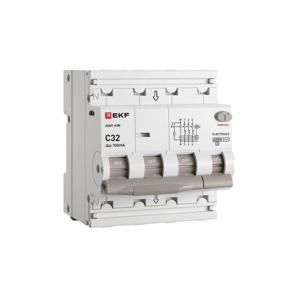 Выключатель автоматический дифференциального тока 4п (3P+N) C 32А 100мА тип AC 6кА АВДТ-63N электронный PROxima EKF D63N46E32C100
