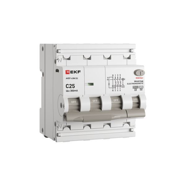 Выключатель автоматический дифференциального тока 4п (3P+N) C 25А 300мА тип AC 6кА АВДТ-63N (S) селективный электромеханич. PROxima EKF D63N46MS25C300