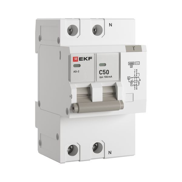 Выключатель автоматический дифференциального тока C 50А 100мА тип AC 6кА АД-2 (электрон.) защита 270В PROxima EKF DA2-6-50-100-pro