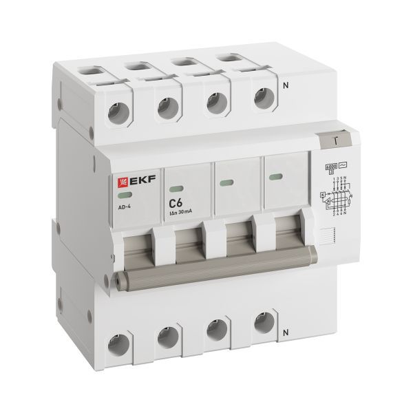 Выключатель автоматический дифференциального тока C 6А 30мА тип AC 6кА АД-4 (электрон.) защита 270В PROxima EKF DA4-6-06-30-pro