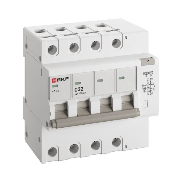 Выключатель автоматический дифференциального тока C 32А 100мА тип AC 6кА АД-4 S (электрон.) защита 270В PROxima EKF DA4-6-32-100S-pro