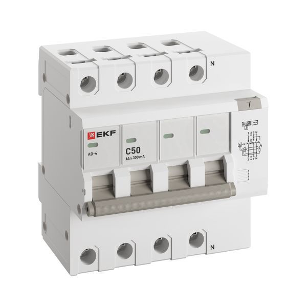 Выключатель автоматический дифференциального тока C 50А 300мА тип AC 6кА АД-4 (электрон.) защита 270В PROxima EKF DA4-6-50-300-pro