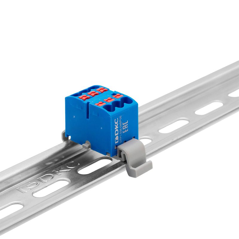 Блок распределительный с горизонт. адаптером на рейку шир. 35мм зажим push-in 6 точек подключения 2.5кв.мм син. DKC DTP1-006-04SPUB-H