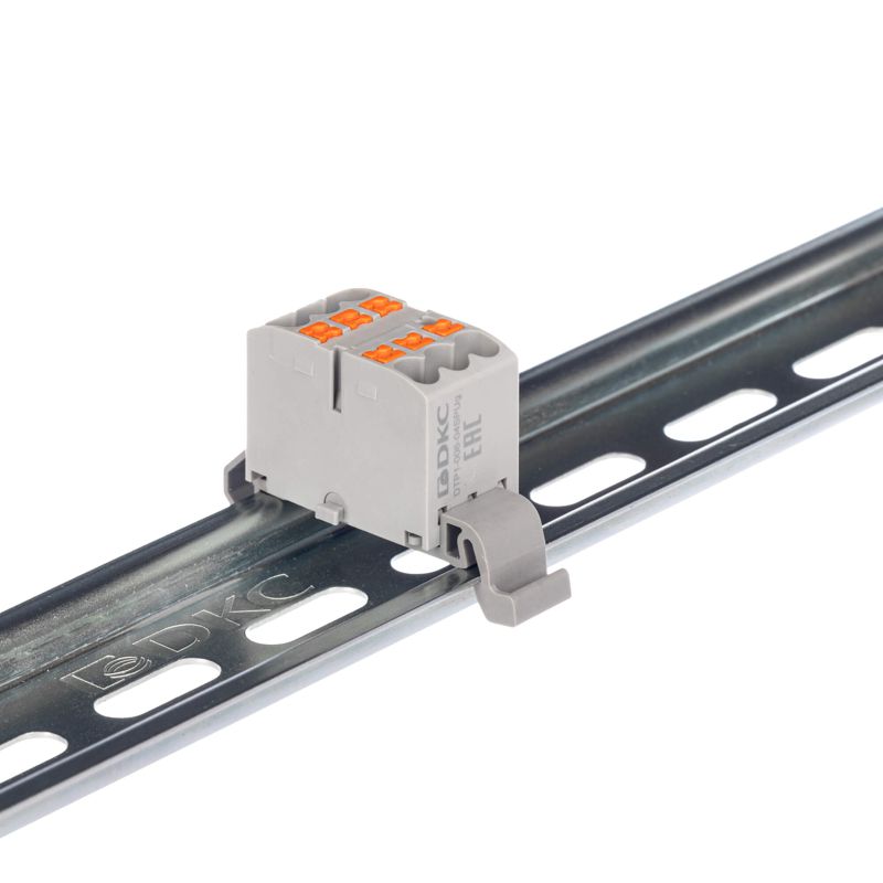 Блок распределительный с горизонт. адаптером на рейку шир. 35мм зажим push-in 6 точек подключения 2.5кв.мм сер. DKC DTP1-006-04SPUG-H