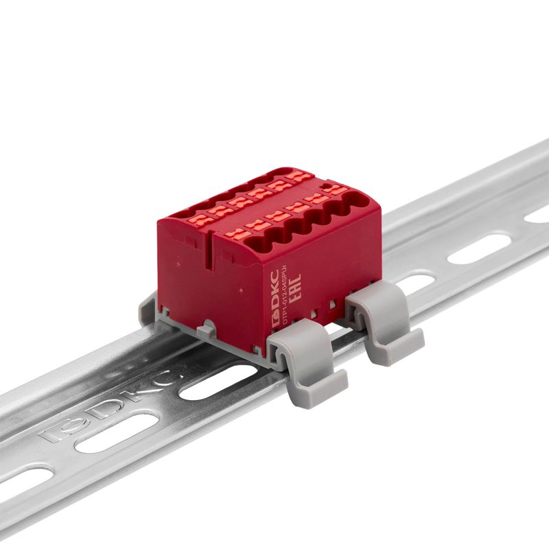 Блок распределительный с горизонт. адаптером на рейку шир. 35мм зажим push-in 12 точек подключения 2.5кв.мм красн. DKC DTP1-012-04SPUR-H