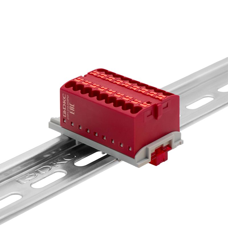 Блок распределительный с вертикал. адаптером на рейки шир. 15/35мм зажим push-in 18 точек подключения 2.5кв.мм красн. DKC DTP1-018-04SPUR-V