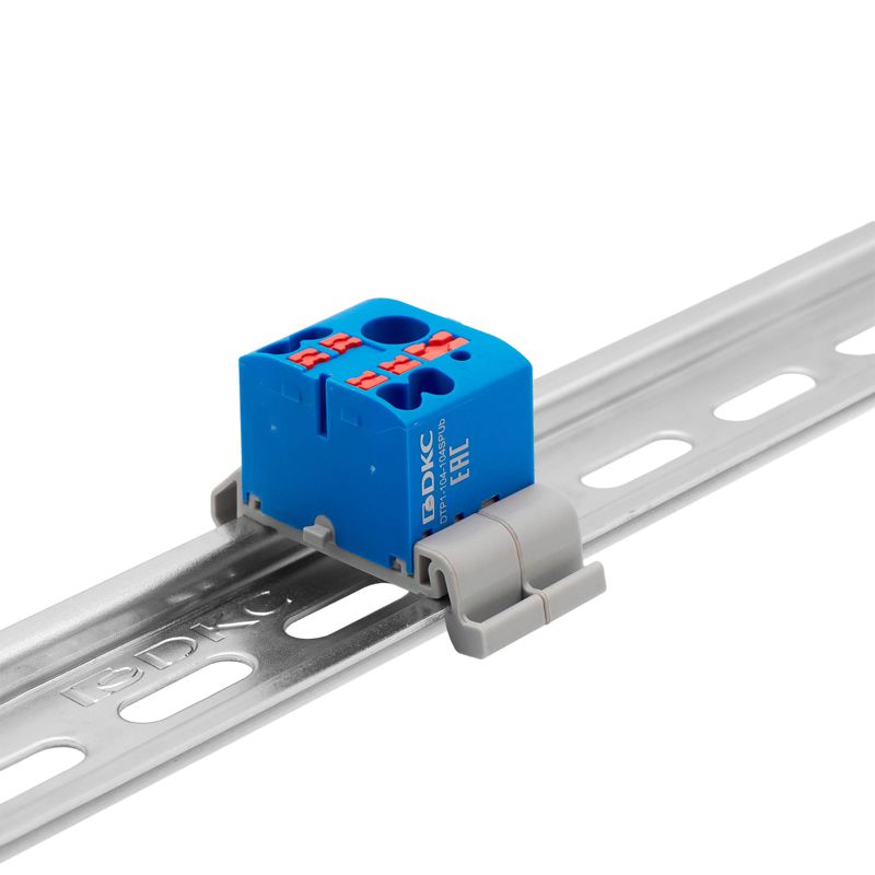 Блок распределительный с горизонт. адаптером на рейку шир. 35мм зажим push-in 1 ввод 6кв.мм 4 точки подключения 2.5кв.мм син. DKC DTP1-104-104SPUB-H