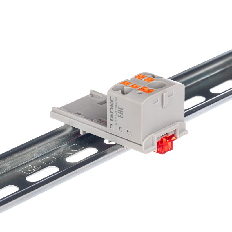 Блок распределительный с вертикал. адаптером на рейки шир. 15/35мм зажим push-in 1 ввод 6кв.мм 4 точки подключения 2.5кв.мм сер. DKC DTP1-104-104SPUG-V