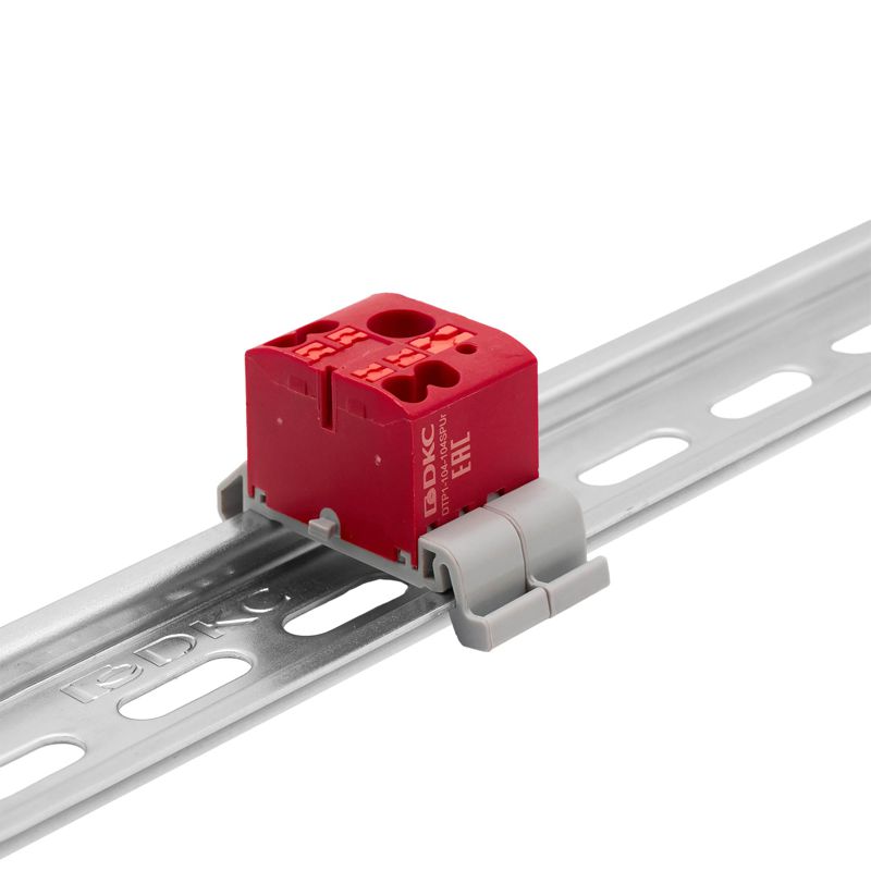Блок распределительный с горизонт. адаптером на рейку шир. 35мм зажим push-in 1 ввод 6кв.мм 4 точки подключения 2.5кв.мм красн. DKC DTP1-104-104SPUR-H